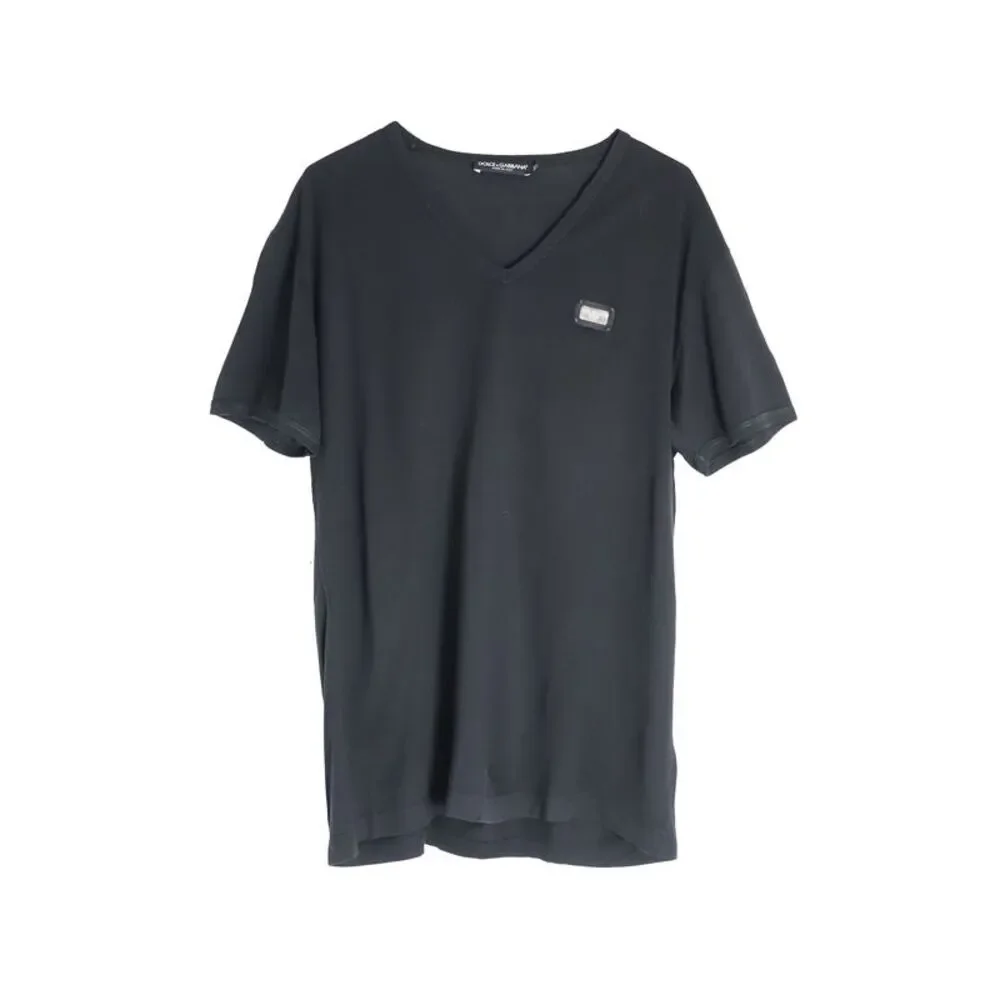 Dolce & Gabbana Patch Logo V-neck T-shirt in Black Cotton